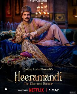 Movie poster for "Heeramandi: The Diamond Bazaar," featuring Fardeen Khan in period attire with a determined expression.